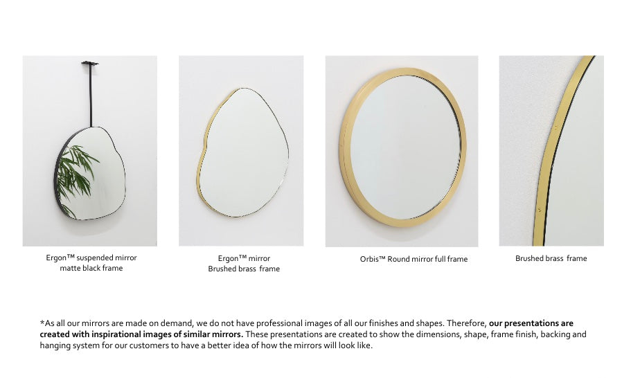 Bespoke Suspended Ergon Mirror Brushed Brass Frame Full Frame and Backing 1 rod (610 x 553 x 30m)