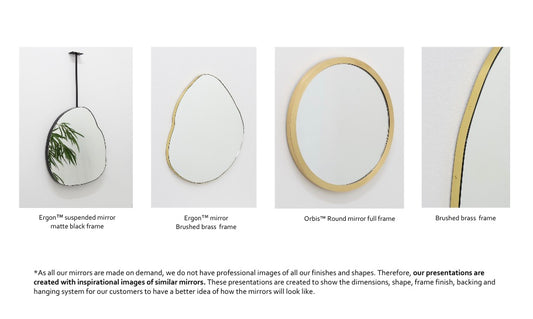 Bespoke Suspended Ergon Mirror Brushed Brass Frame Full Frame and Backing 1 rod (610 x 553 x 30m)
