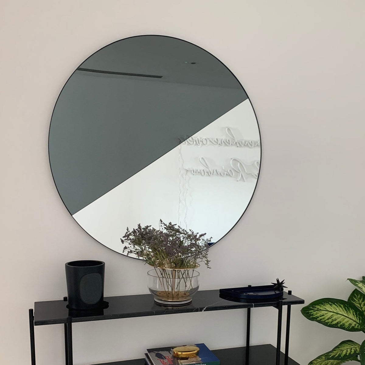 Orbis Dualis™ Mixed Tint (Black + Silver) Customisable Round Mirror with Black Frame