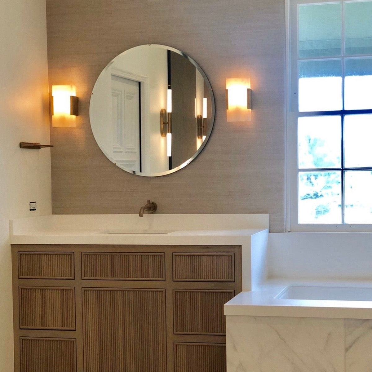 Orbis™ Bevelled Round Frameless Art Deco Mirror with Brass Clips