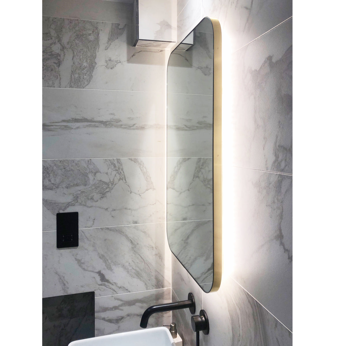 Quadris™ Illuminated Rectangular Contemporary Mirror with Brass Frame