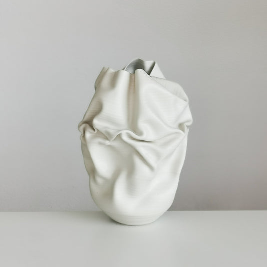 Unique Ceramic Sculpture Vessel, Medium Tall White Undulating Crumpled Form N.51, Objet d'Art