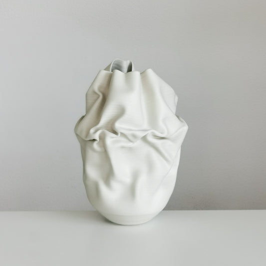 Unique Ceramic Sculpture Vessel, Medium Tall White Undulating Crumpled Form N.51, Objet d'Art