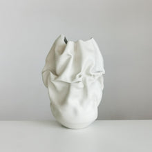 Unique Ceramic Sculpture Vessel, Medium Tall White Undulating Crumpled Form N.51, Objet d'Art