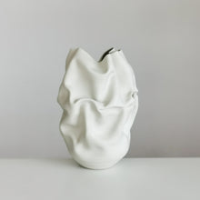 Unique Ceramic Sculpture Vessel, Medium Tall White Undulating Crumpled Form N.51, Objet d'Art