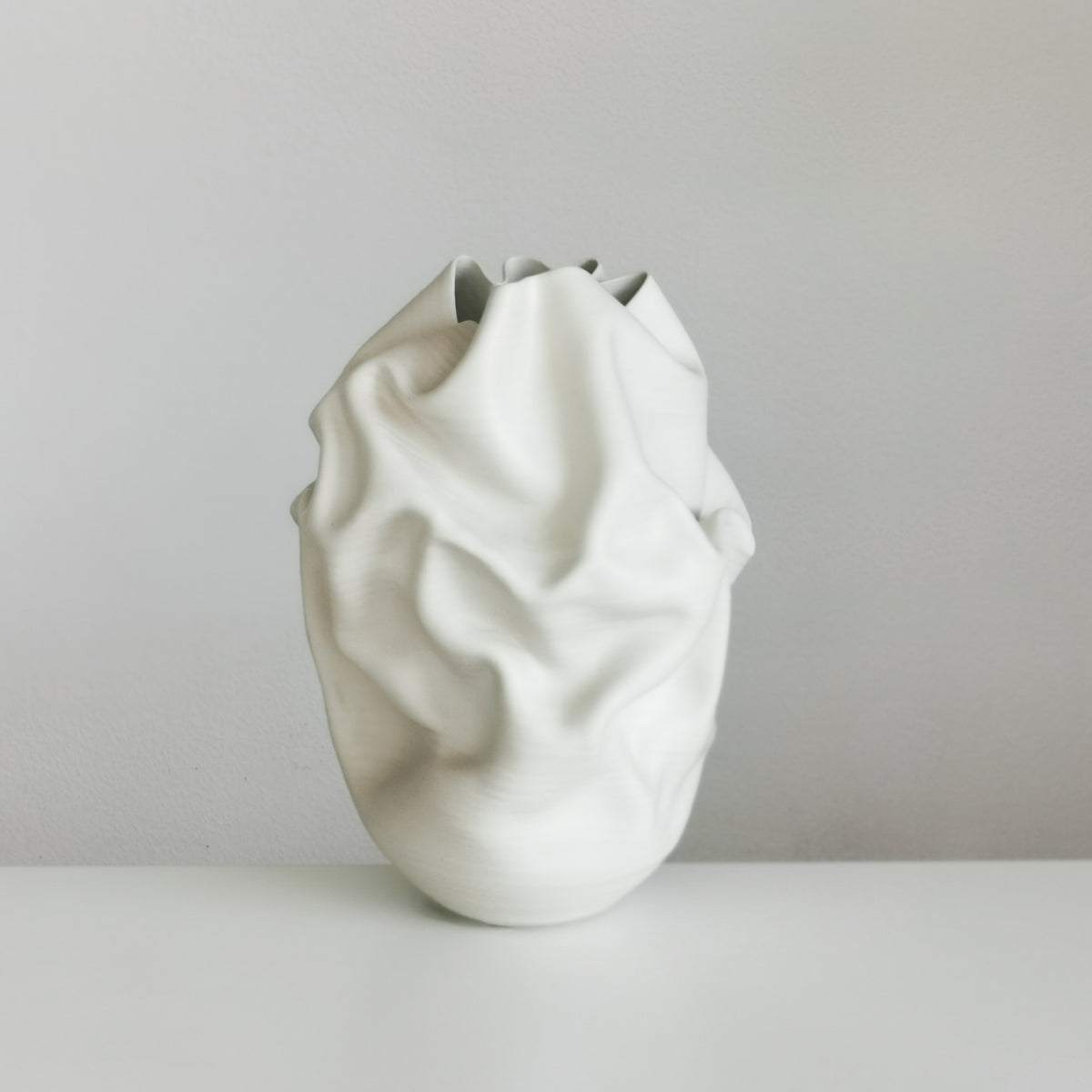 Unique Ceramic Sculpture Vessel, Medium Tall White Undulating Crumpled Form N.51, Objet d'Art