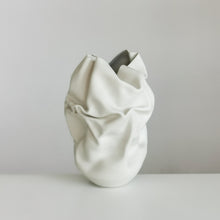 Unique Ceramic Sculpture Vessel, Medium Tall White Undulating Crumpled Form N.51, Objet d'Art