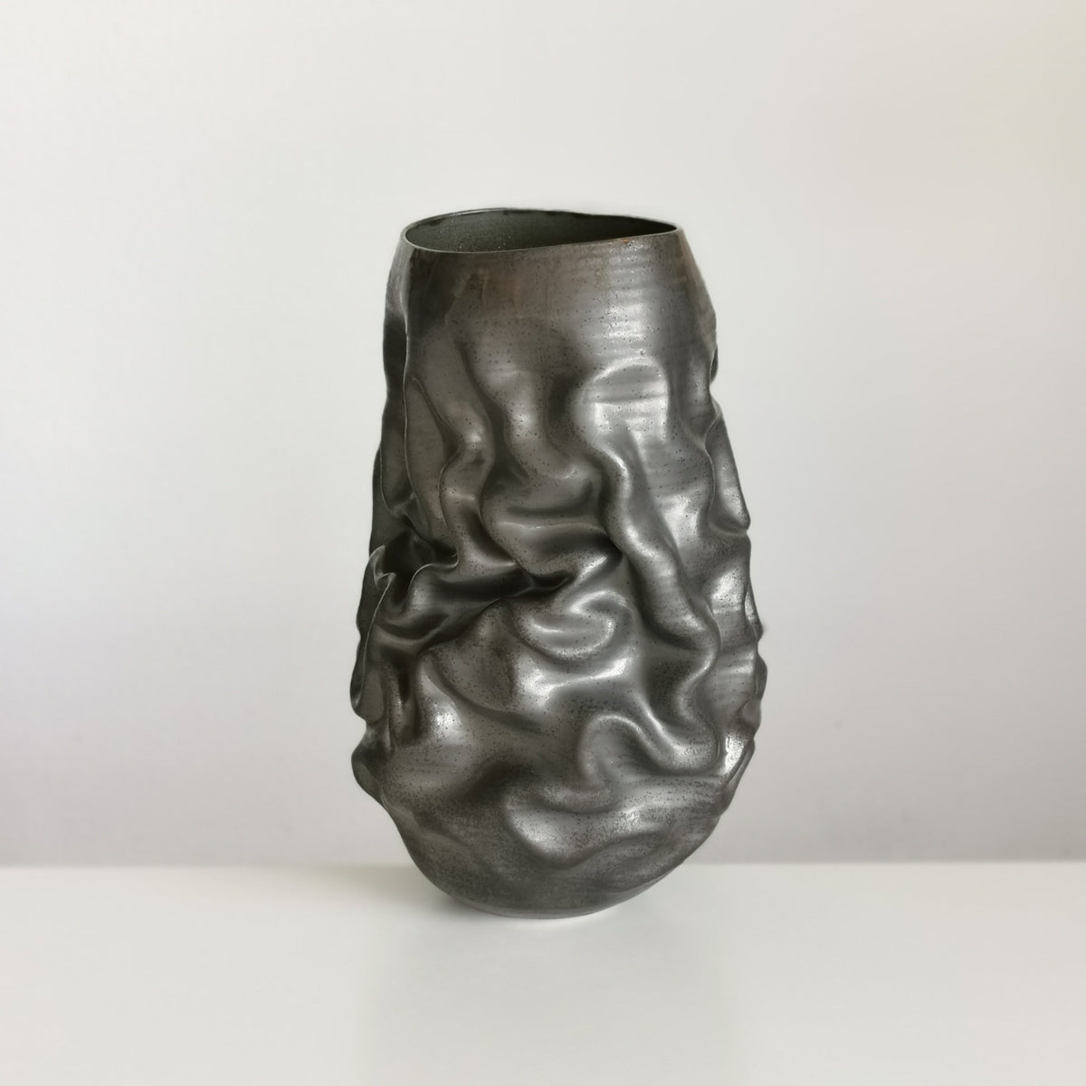 Unique Ceramic Sculpture Vessel, Tall Black Crumpled Form N.53, Objet d'Art