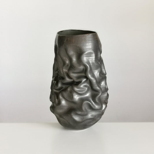 Unique Ceramic Sculpture Vessel, Tall Black Crumpled Form N.53, Objet d'Art
