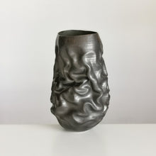 Unique Ceramic Sculpture Vessel, Tall Black Crumpled Form N.53, Objet d'Art