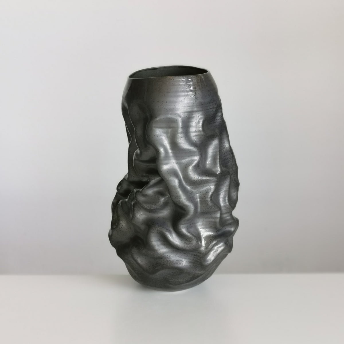 Unique Ceramic Sculpture Vessel, Tall Black Crumpled Form N.53, Objet d'Art