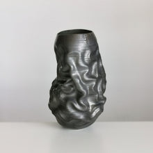 Unique Ceramic Sculpture Vessel, Tall Black Crumpled Form N.53, Objet d'Art