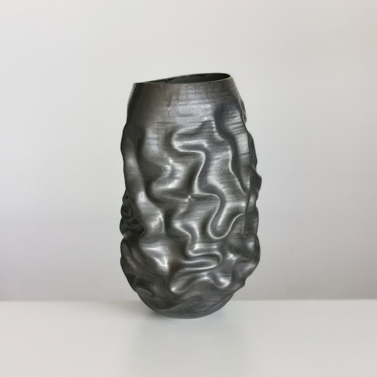 Unique Ceramic Sculpture Vessel, Tall Black Crumpled Form N.53, Objet d'Art