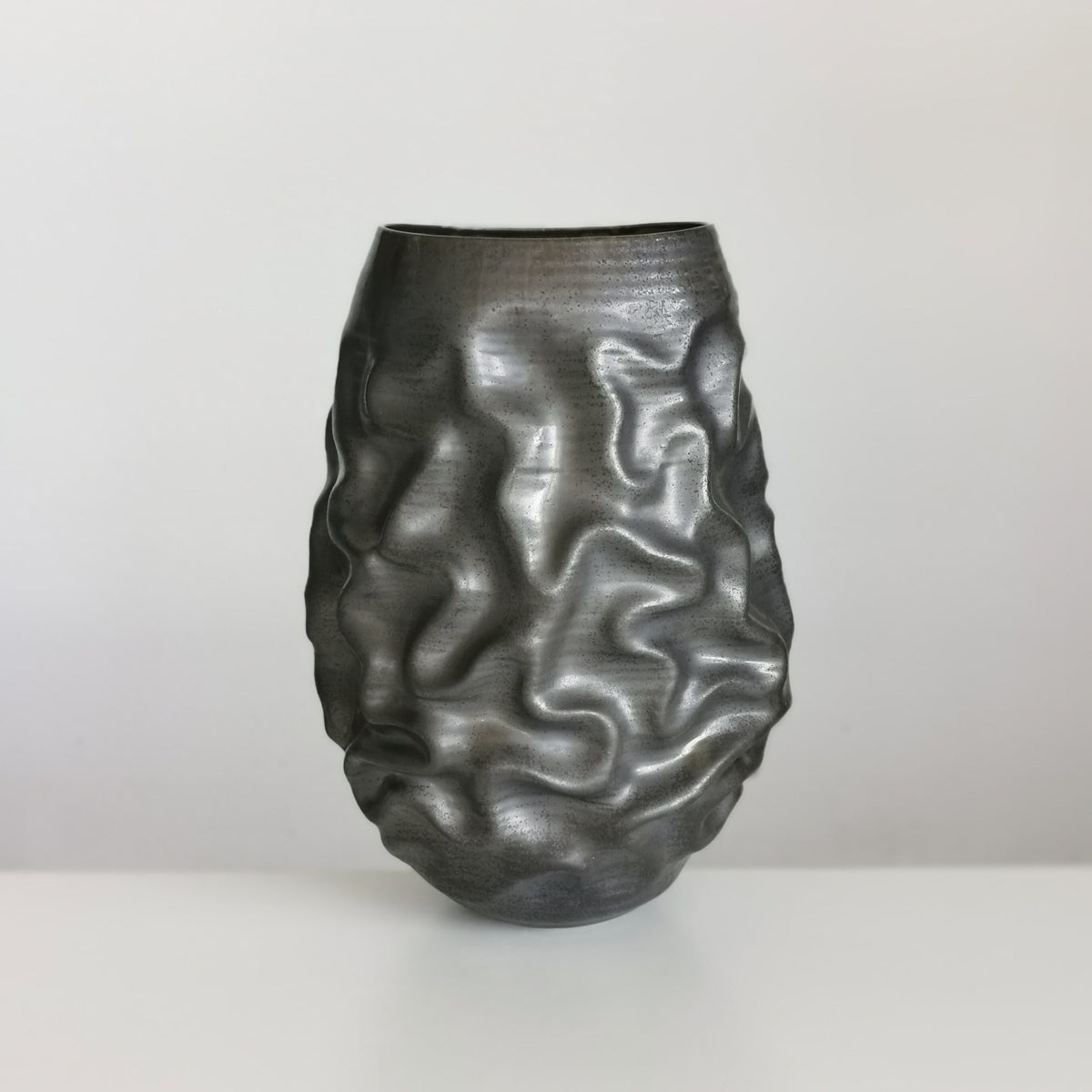 Unique Ceramic Sculpture Vessel, Tall Black Crumpled Form N.53, Objet d'Art