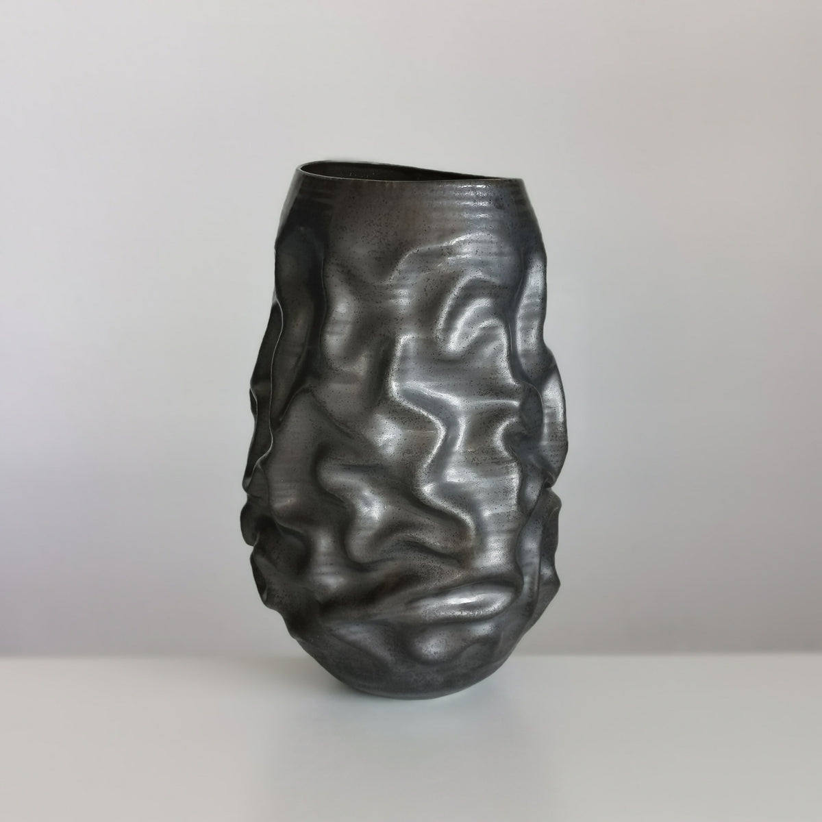 Unique Ceramic Sculpture Vessel, Tall Black Crumpled Form N.53, Objet d'Art