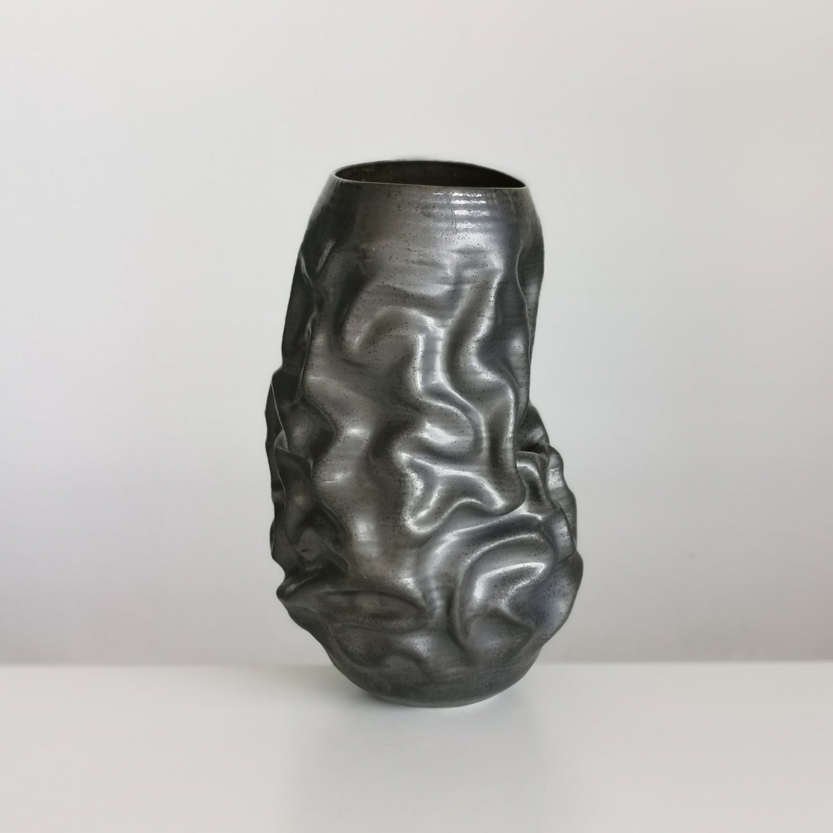 Unique Ceramic Sculpture Vessel, Tall Black Crumpled Form N.53, Objet d'Art