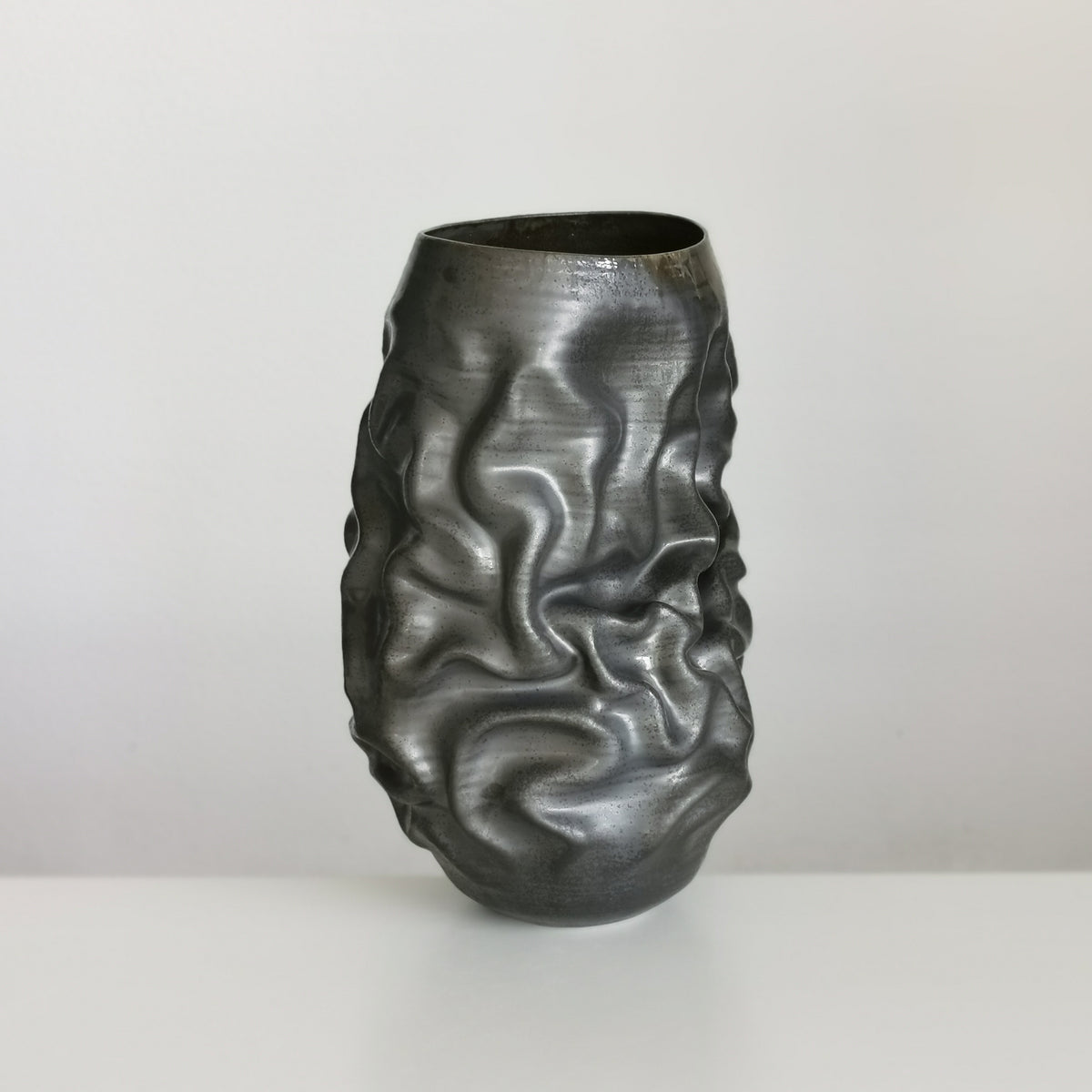 Unique Ceramic Sculpture Vessel, Tall Black Crumpled Form N.53, Objet d'Art
