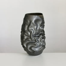 Unique Ceramic Sculpture Vessel, Tall Black Crumpled Form N.53, Objet d'Art