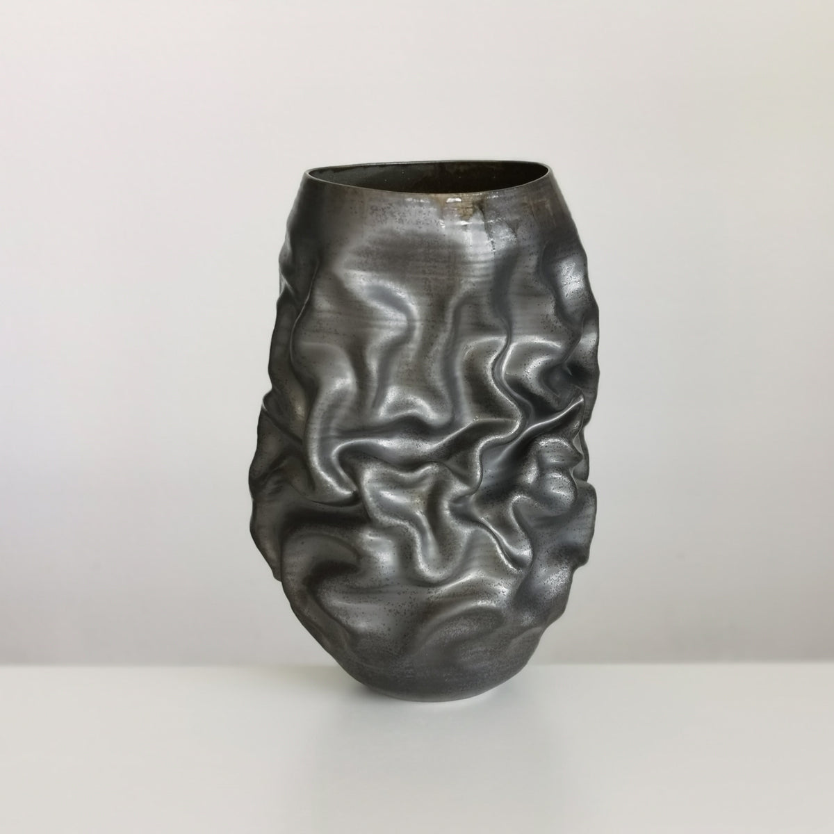 Unique Ceramic Sculpture Vessel, Tall Black Crumpled Form N.53, Objet d'Art
