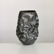 Unique Ceramic Sculpture Vessel, Tall Black Crumpled Form N.53, Objet d'Art