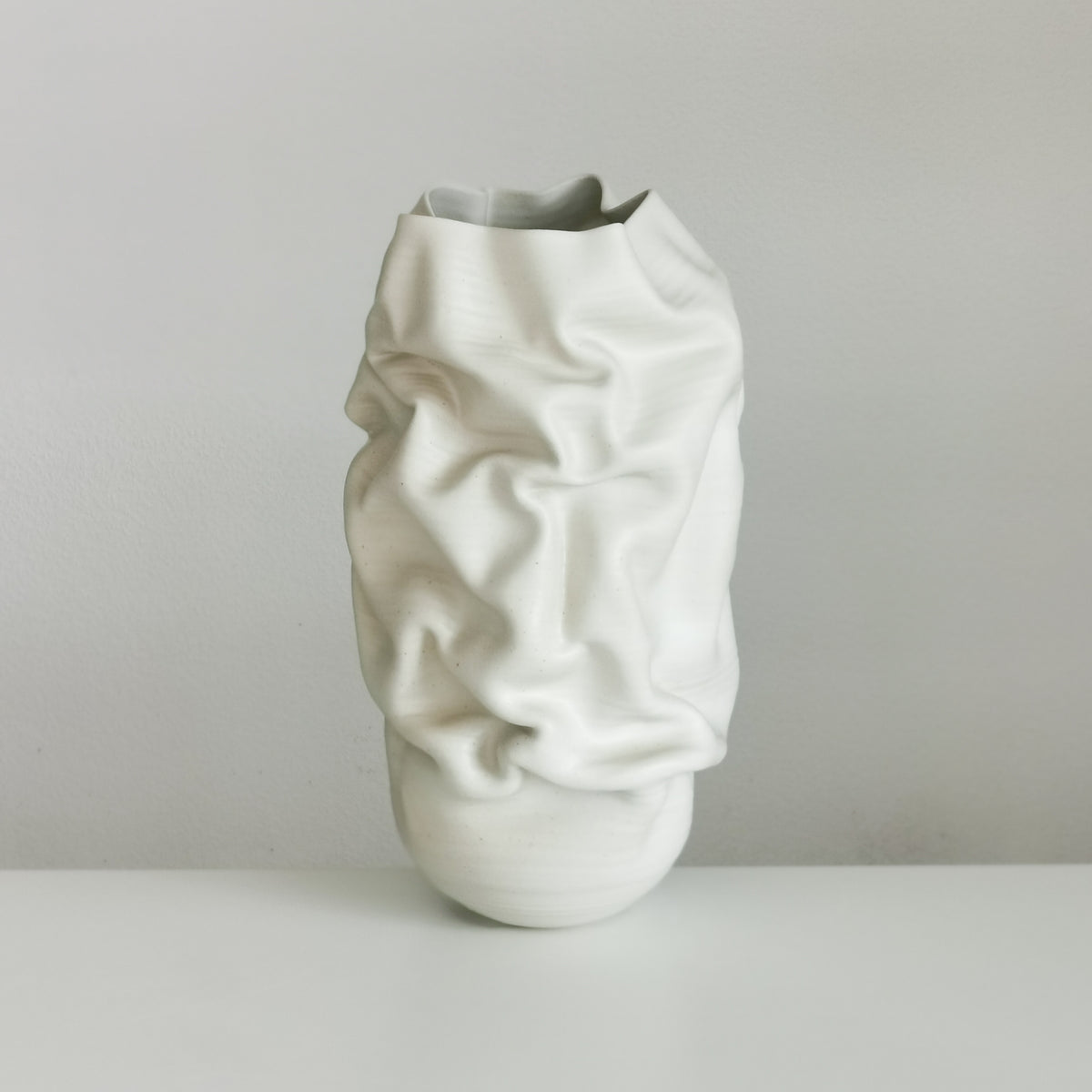 Unique Ceramic Sculpture Vessel, Tall White Slashed Crumpled Form N.60, Objet d'Art