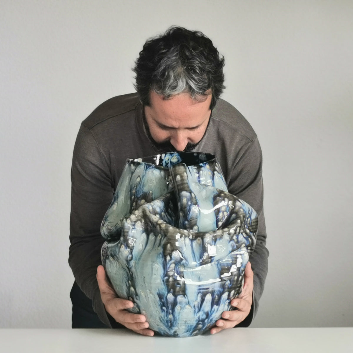 Undulating Form Galaxy Blue Glaze, Unique Ceramic Sculpture Vessel N.78, Objet d'Art
