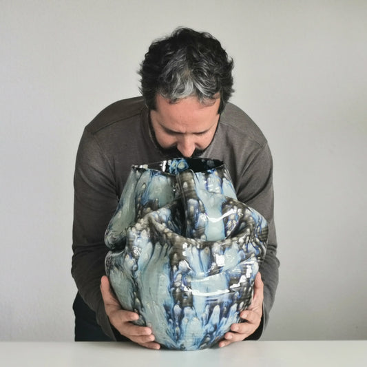 Undulating Form Galaxy Blue Glaze, Unique Ceramic Sculpture Vessel N.78, Objet d'Art