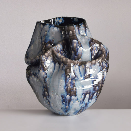 Undulating Form Galaxy Blue Glaze, Unique Ceramic Sculpture Vessel N.78, Objet d'Art