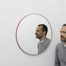 Ready to Ship - Linus Round Mirror with Sand blasted Stripes and a Modern Red Frame