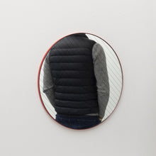Ready to Ship - Linus Round Mirror with Sand blasted Stripes and a Modern Red Frame