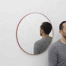 Ready to Ship - Linus Round Mirror with Sand blasted Stripes and a Modern Red Frame
