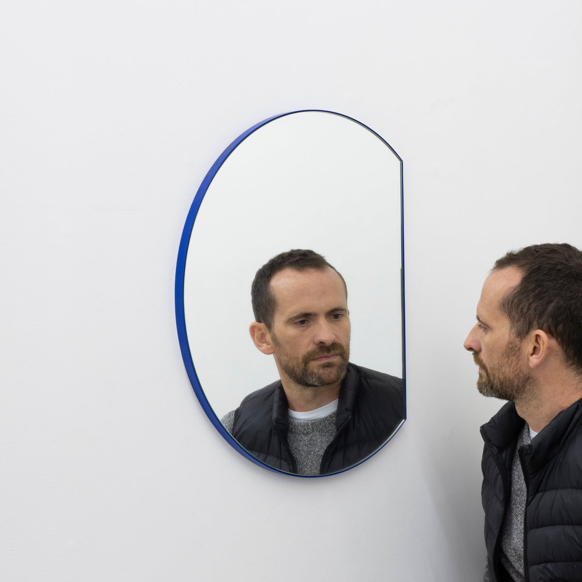 In Stock Orbis Trecus Cropped Circular Modern Mirror with a Blue Frame