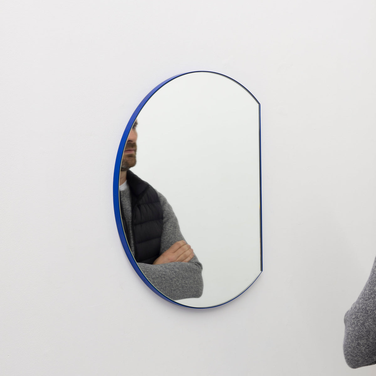 In Stock Orbis Trecus Cropped Circular Modern Mirror with a Blue Frame
