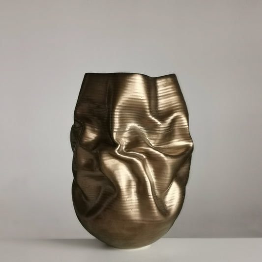 Golden Crumpled Form, Unique Contemporary, Ceramic Sculpture Vessel N.76