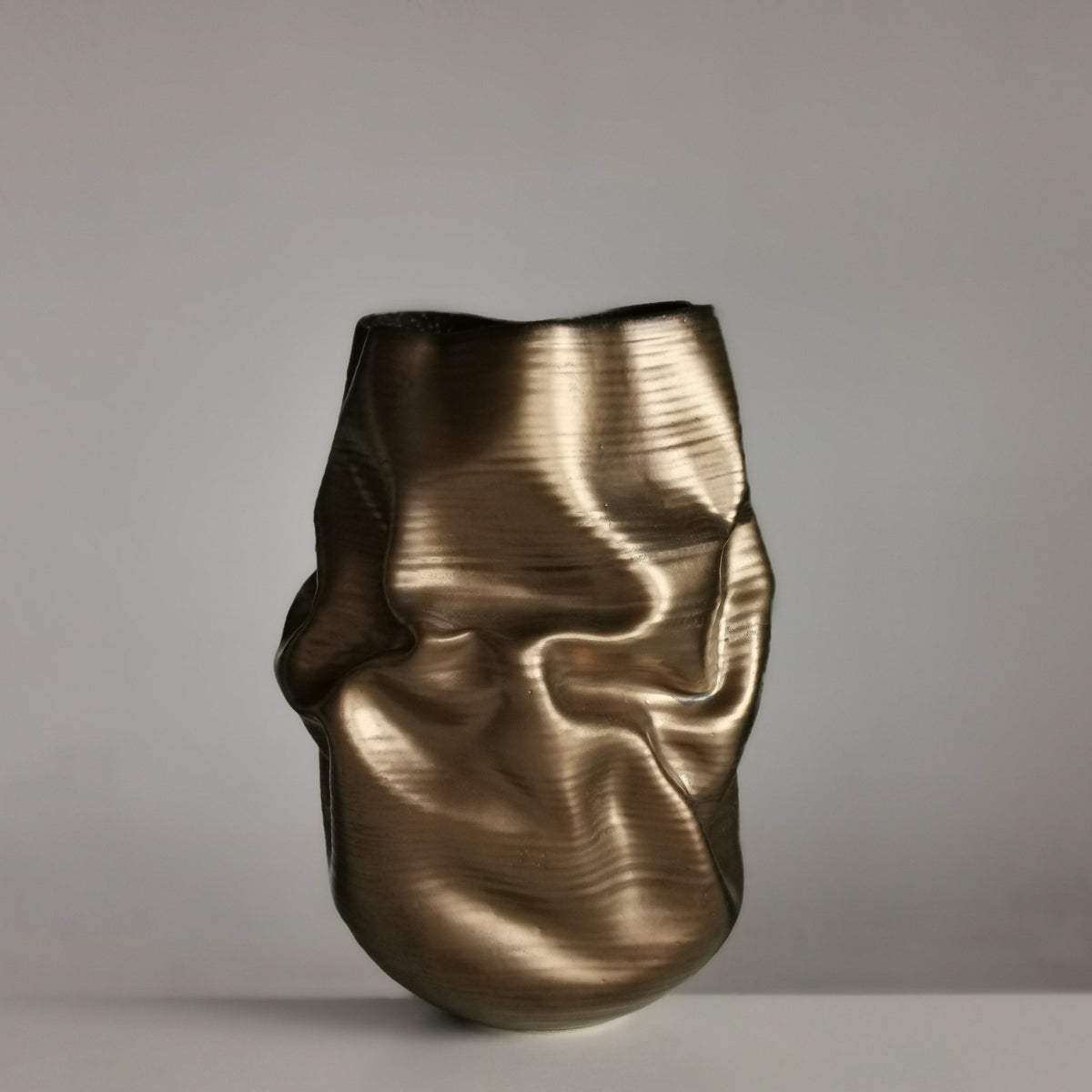 Golden Crumpled Form, Unique Contemporary, Ceramic Sculpture Vessel N.76