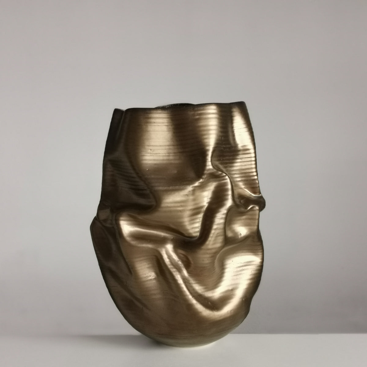 Golden Crumpled Form, Unique Contemporary, Ceramic Sculpture Vessel N.76