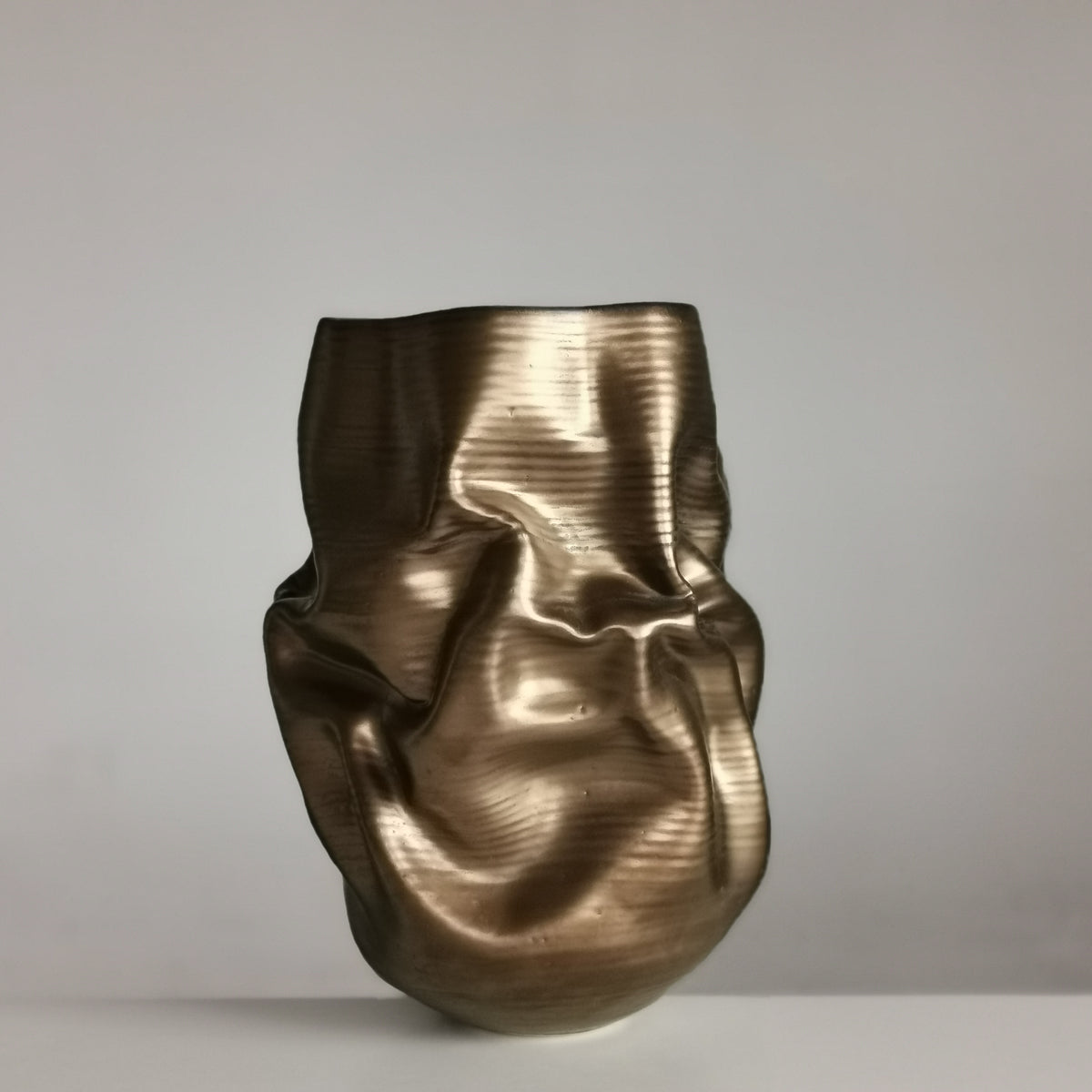 Golden Crumpled Form, Unique Contemporary, Ceramic Sculpture Vessel N.76