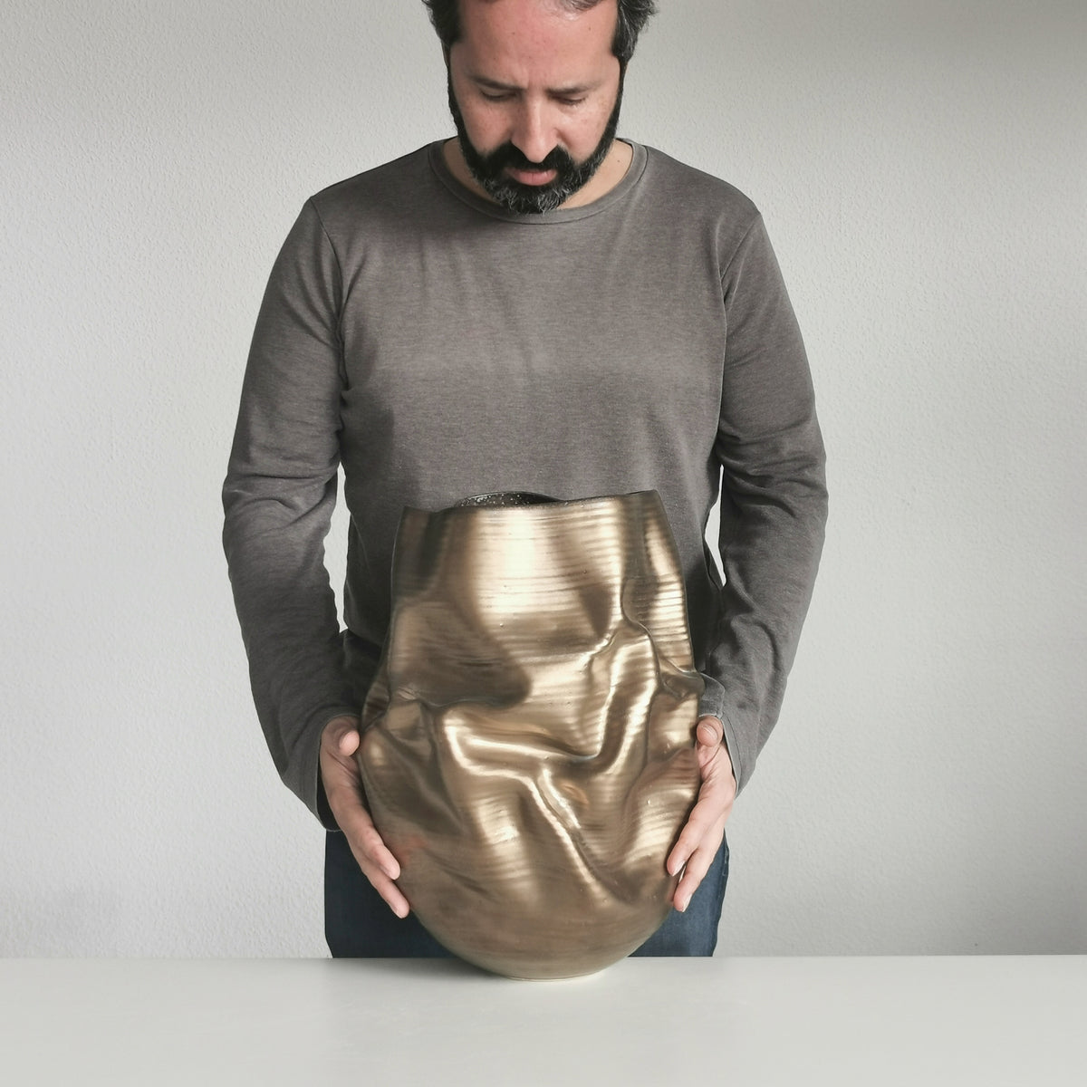 Golden Crumpled Form, Unique Contemporary, Ceramic Sculpture Vessel N.76