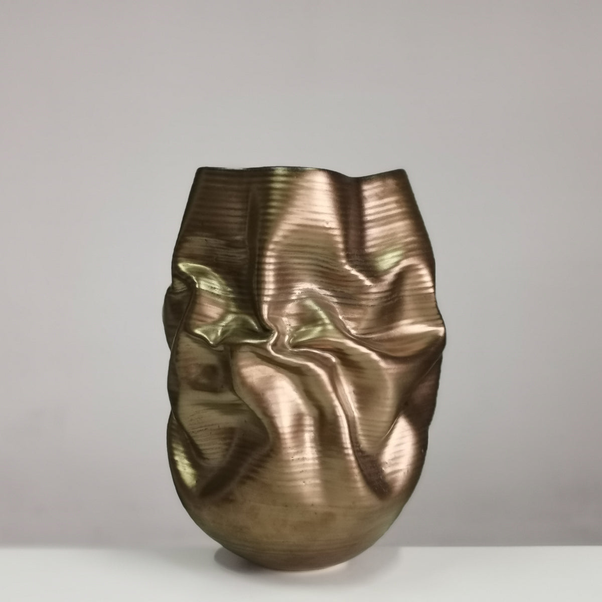 Golden Crumpled Form, Unique Contemporary, Ceramic Sculpture Vessel N.76