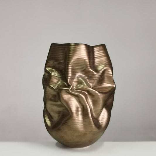 Golden Crumpled Form, Unique Contemporary, Ceramic Sculpture Vessel N.76