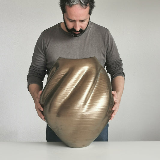 Large Gold Wave Form, Unique Contemporary Ceramic Sculpture Vessel N.80