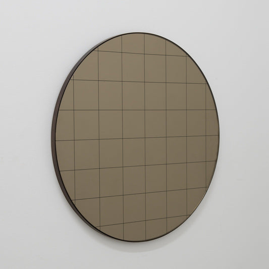 Orbis Bronze Tinted Round Mirror with Sandblasted Grid and a Bronze Patina Frame