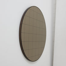 In Stock Orbis Bronze Tinted Round Mirror with Sandblasted Grid and a Bronze Patina Frame