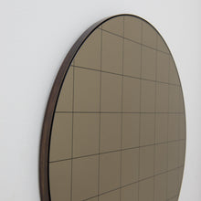 In Stock Orbis Bronze Tinted Round Mirror with Sandblasted Grid and a Bronze Patina Frame