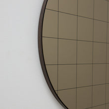 In Stock Orbis Bronze Tinted Round Mirror with Sandblasted Grid and a Bronze Patina Frame