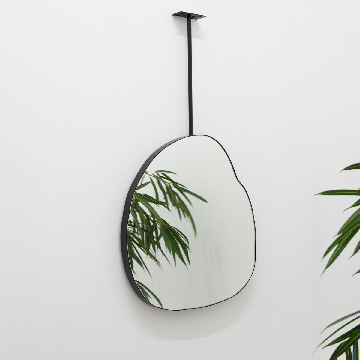 Back Illuminated Ergon™ Ceiling Suspended Freeform Mirror, Modern Black Frame