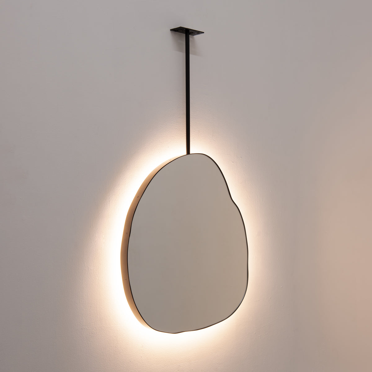 Back Illuminated Ergon™ Ceiling Suspended Freeform Mirror, Modern Black Frame