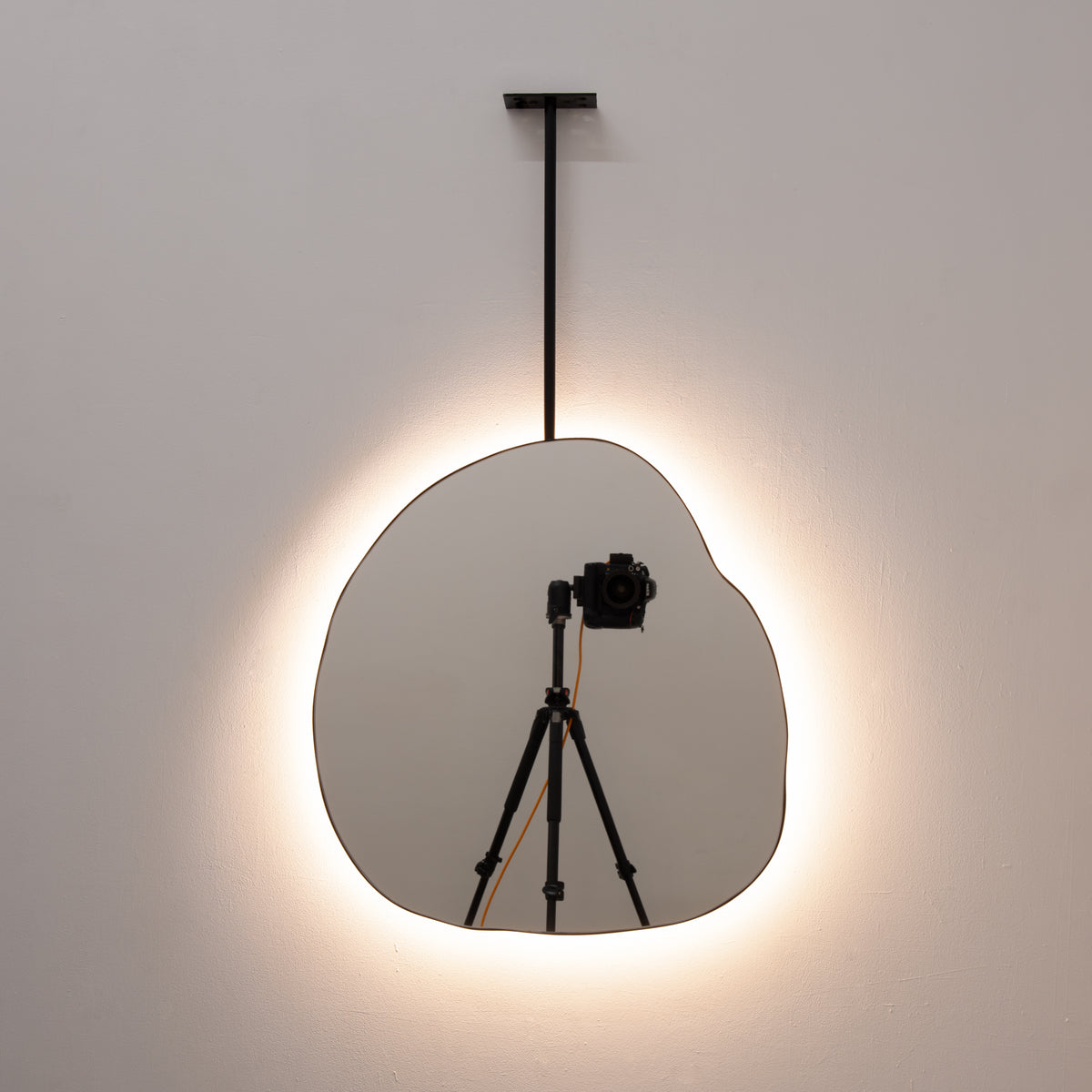 Back Illuminated Ergon™ Ceiling Suspended Freeform Mirror, Modern Black Frame