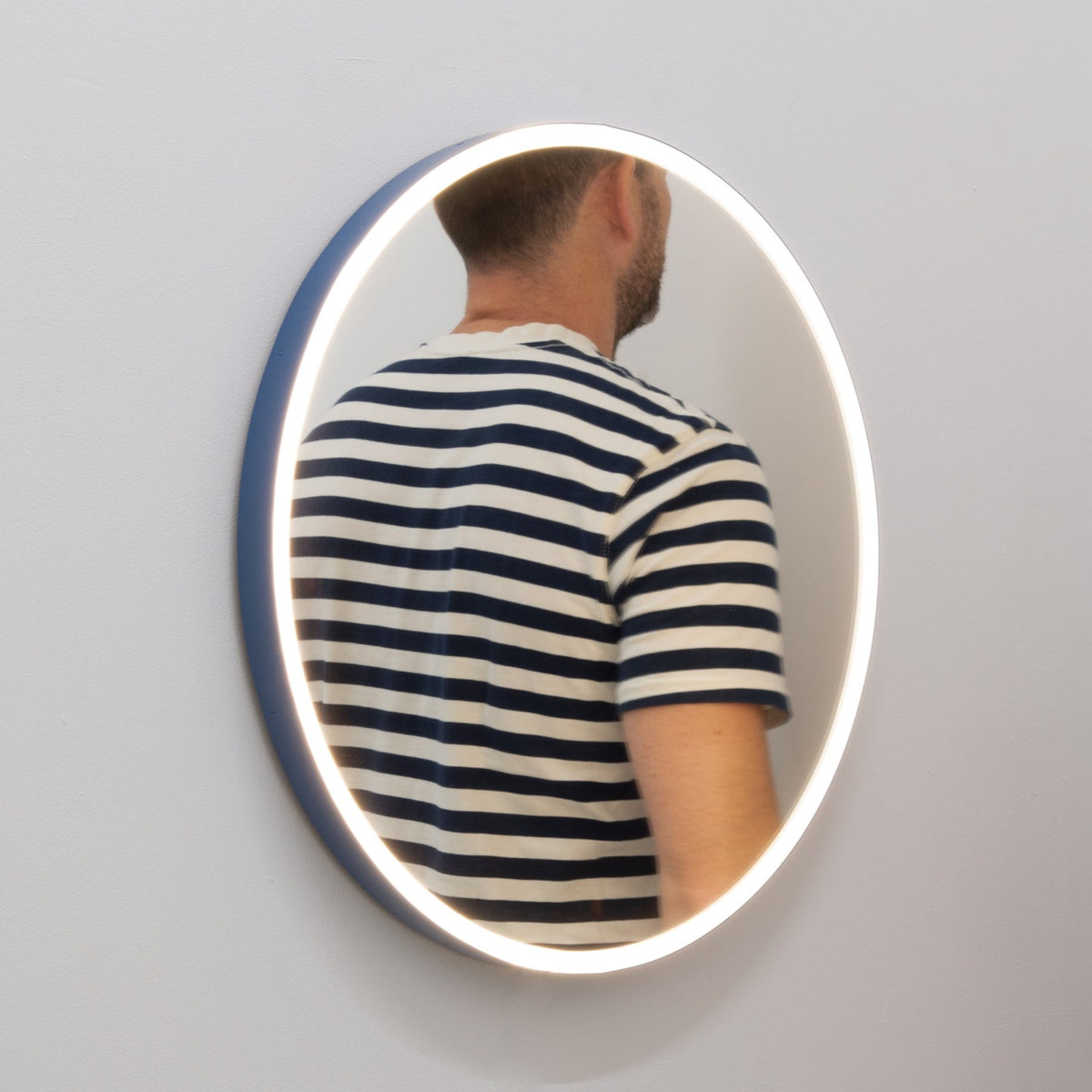 Orbis™ Front Illuminated Modern Round Mirror with a Blue Frame