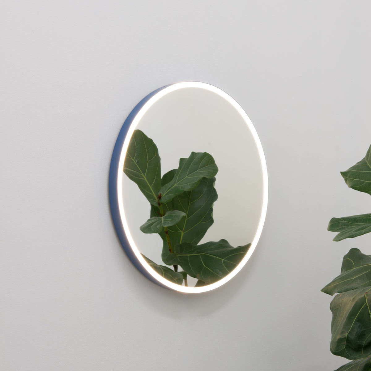 Orbis™ Front Illuminated Modern Round Mirror with a Blue Frame